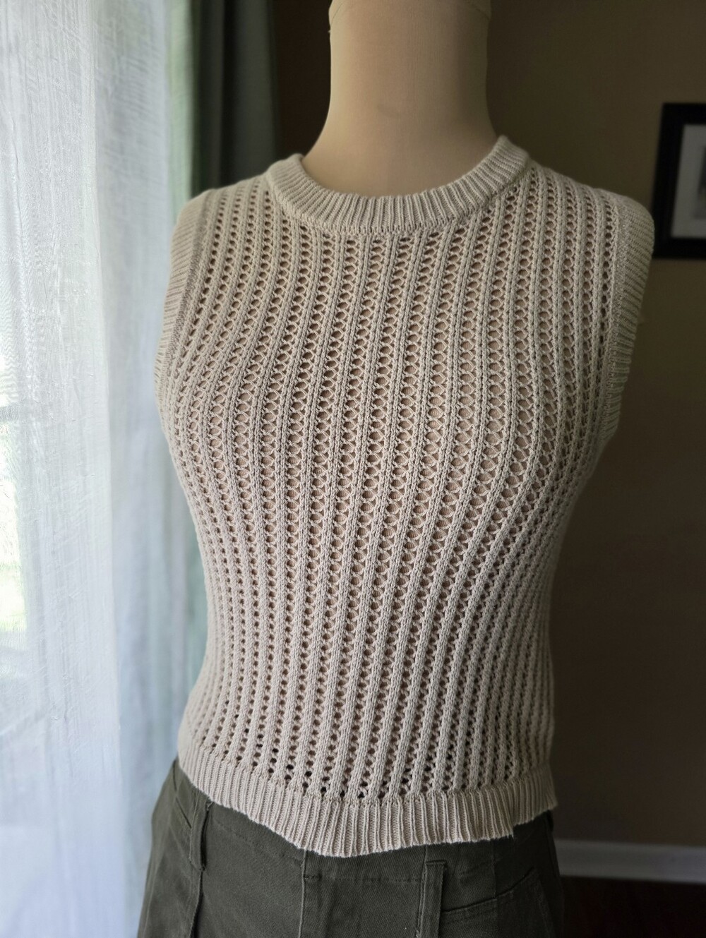 100% Cotton Open Knit Crochet Sweater Tank Top Coastal Neutral The Weekend‎ XS